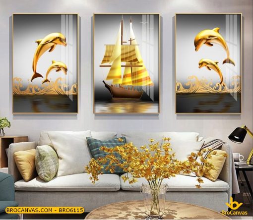 BRO6115 Tranh Treo Tường Phong Thủy Cá Voi Và Thuyền 3D Nhũ Vàng