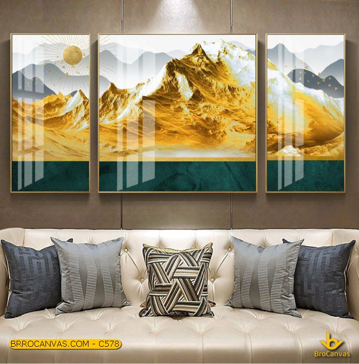 C578 tranh tráng gương TP HCM tranh trừu tượng phong cảnh núi nhũ vàng kim