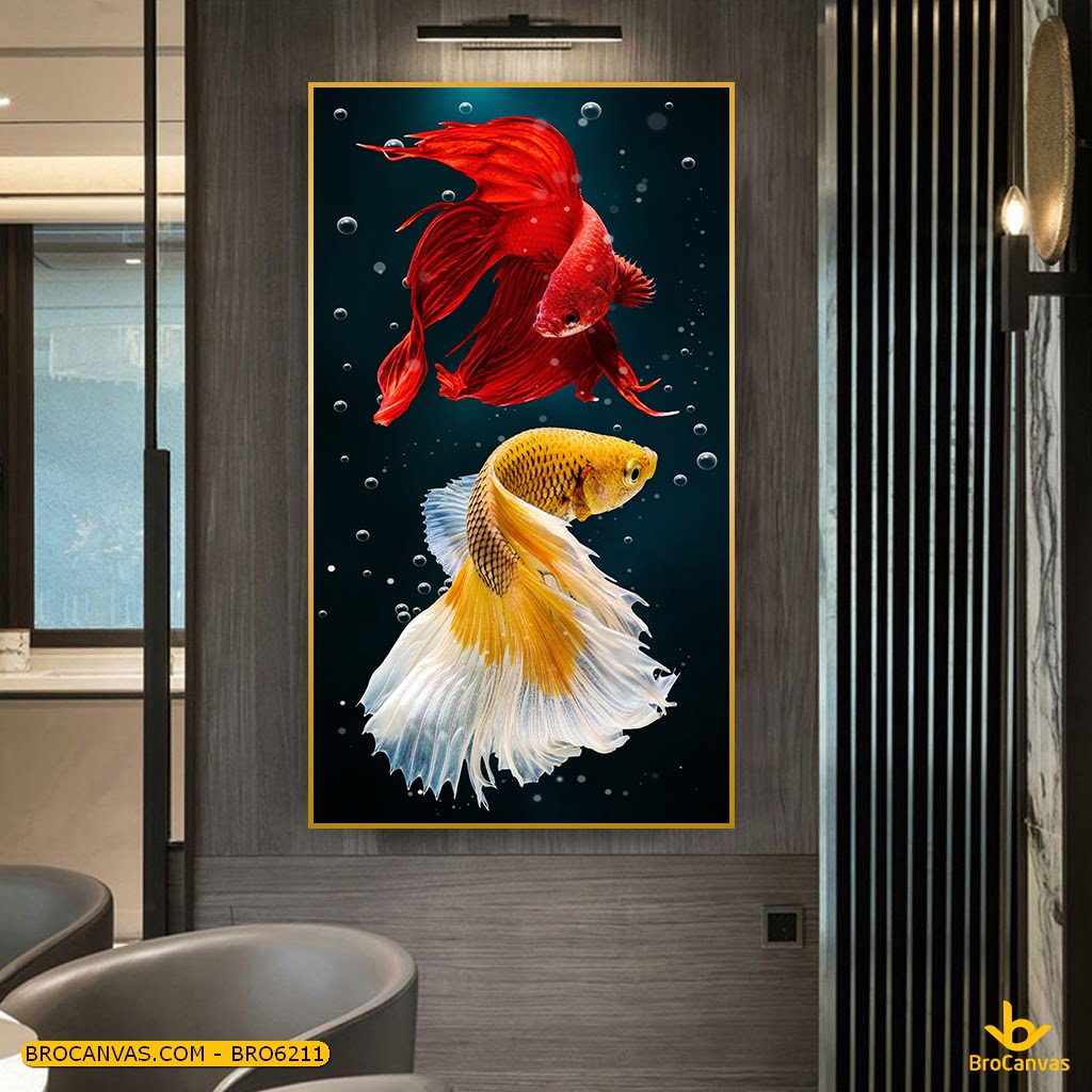 BRO6211 Tranh Cá Xiêm Cá Lia Thia Vàng Và Đỏ 3D