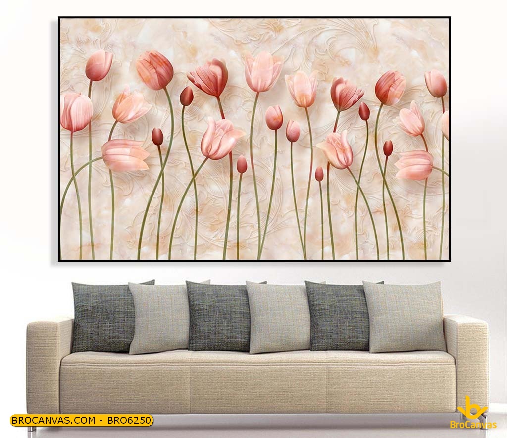BRO6250 Tranh Canvas Bụi Hoa Tulip Hồng Trang Trí Nhẹ Nhàng