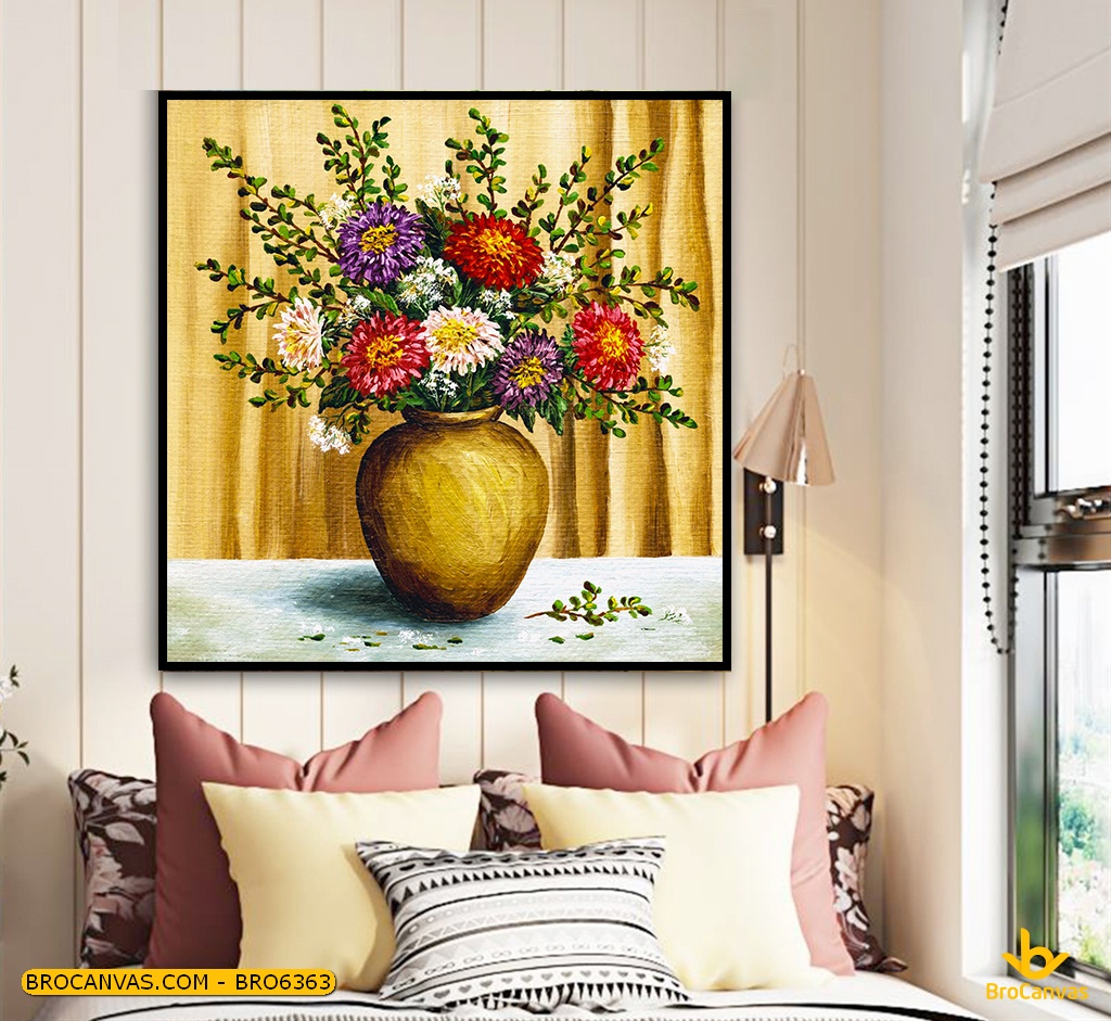Bro6363 tranh canvas sơn dầu bó hoa cúc tây trong chậu