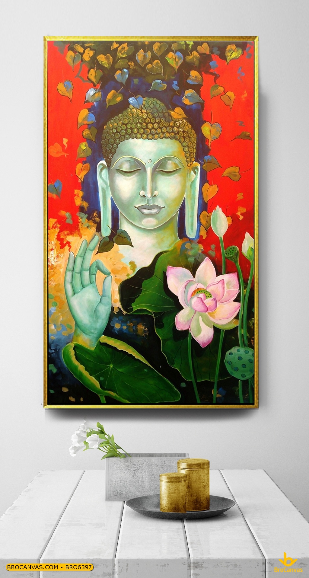 BRO6397 Tranh Đức Phật Ban Phước Và Hoa Sen Sơn Dầu In Canvas