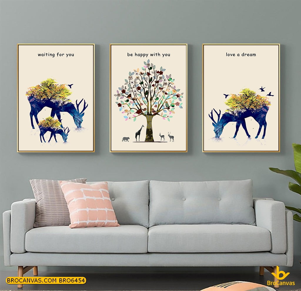 Bro6454 tranh gia đình đàn hươu hạnh phúc dưới tán cây