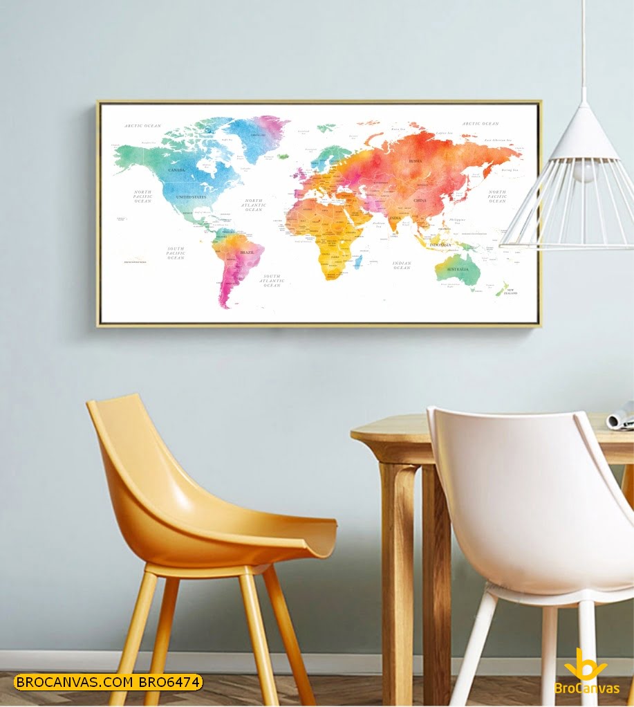 Bro6474 tranh bản đồ thế giới các nước tràn đầy màu sắc