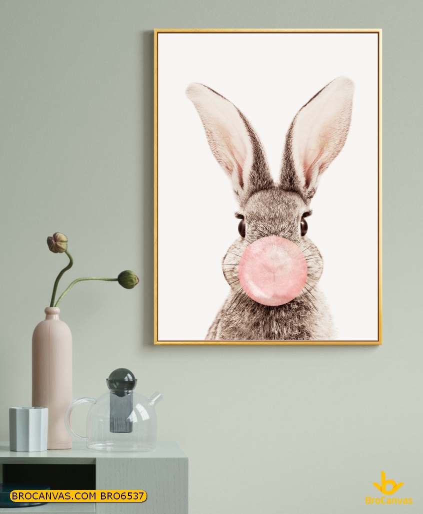 Bro6537 tranh chú thỏ thổi bong bóng hồng dễ thương