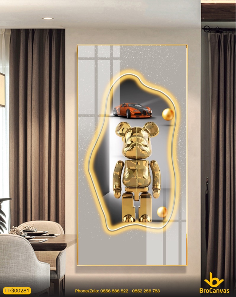Tranh Trang Trí Gấu Kaws Bearbrick Vàng 3D Cao Cấp TTG00281