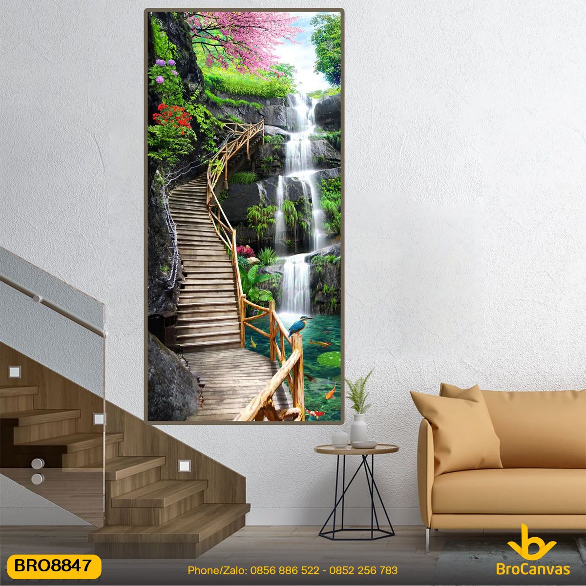 Tranh Canvas Phong Cảnh Sơn Thủy Thác Nước Và Cầu Thang BRO8847