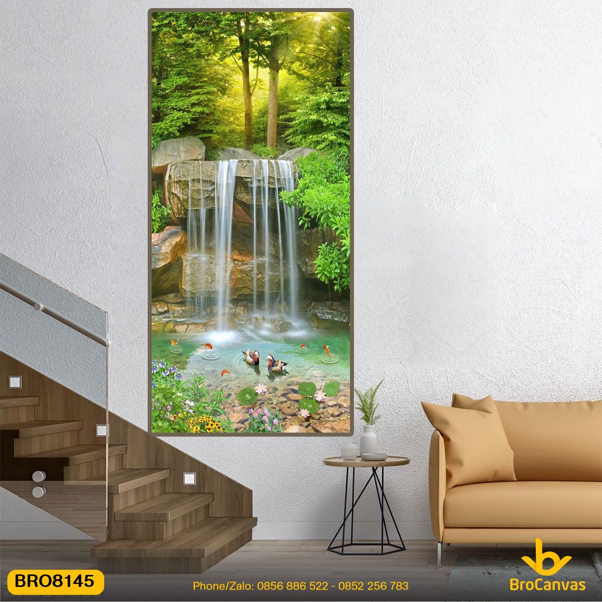 Tranh sơn thủy treo tường đẹp thác nước rừng cây bro8145