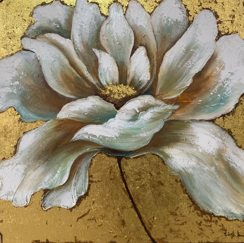 Tranh Sơn Dầu Chất Liệu Acrylic Hoa Mẫu Đơn Trắng Dát Vàng