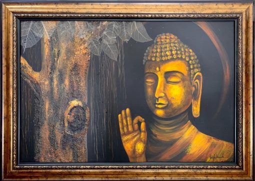 Tranh Phật A Di Đà Sơn Sầu Bên Cây Đa Lá Bồ Đề VT012