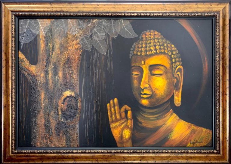 Tranh Phật A Di Đà Sơn Sầu Bên Cây Đa Lá Bồ Đề VT012