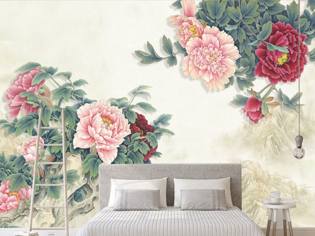 Mẫu 16 Tranh hoa Mẫu đơn dán tường phòng ngủ lãng mạn