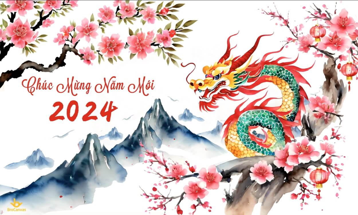Ảnh Chúc Mừng Năm Mới Con Rồng 2024 Cùng Cành Đào Núi Non Rực Rỡ