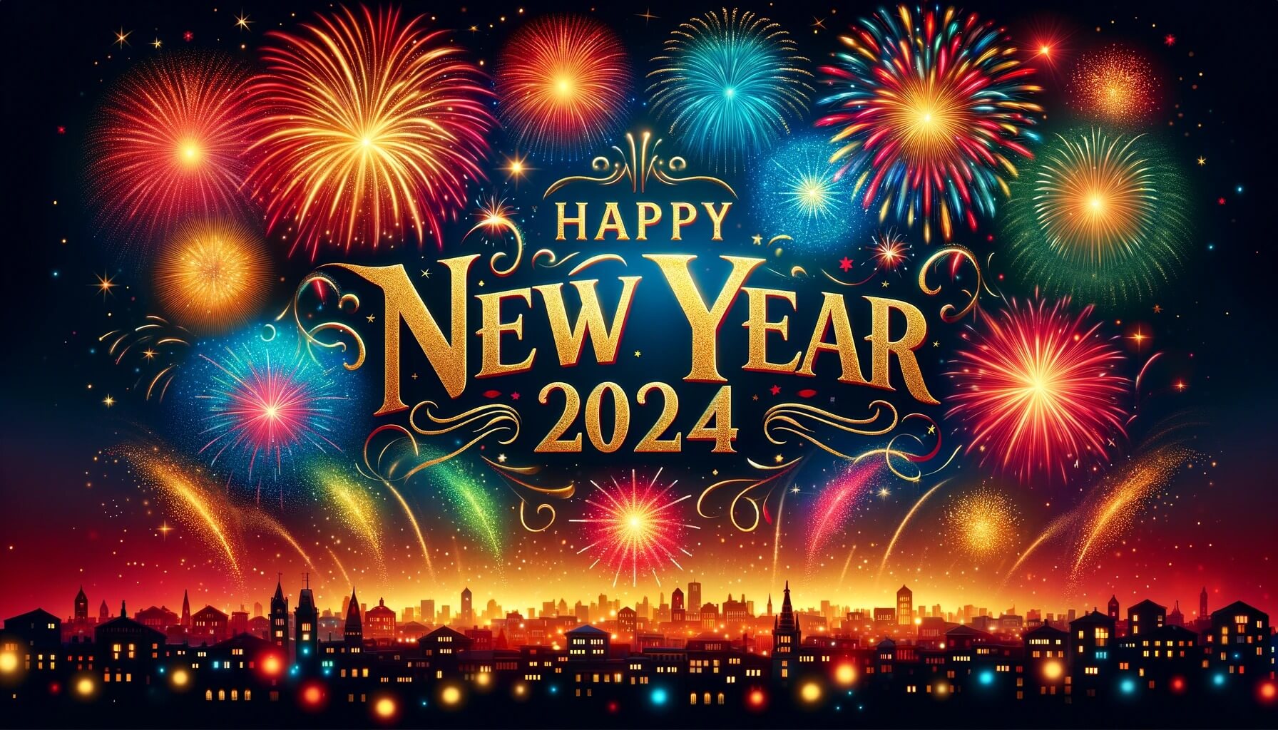 Hình ảnh Happy New Year 2024 Kèm theo pháo hoa và thành phố sáng đèn