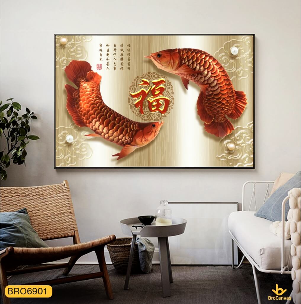 Tranh Cặp Cá Rồng Đỏ Phúc Phú Quý Phong Thủy 3D BRO6901