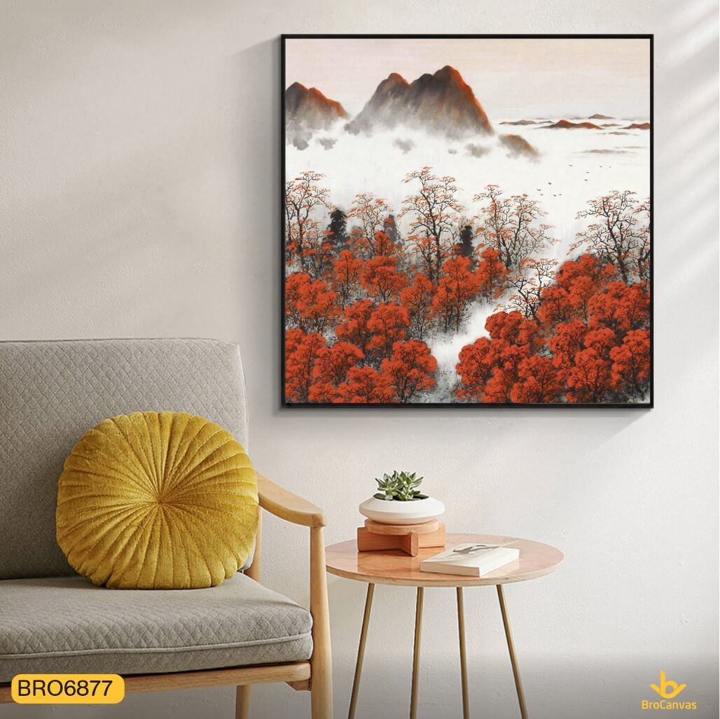 Tranh Phong Cảnh Đồi Núi Rừng Lá Đỏ Vẽ Nghệ Thuật in Canvas BRO6877