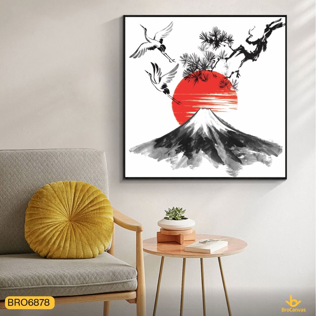 Tranh Phong Cảnh Treo Tường Núi Phú Sĩ Nhật Bản Và chim tùng Hạt Mặt Trời Đỏ BRO6878