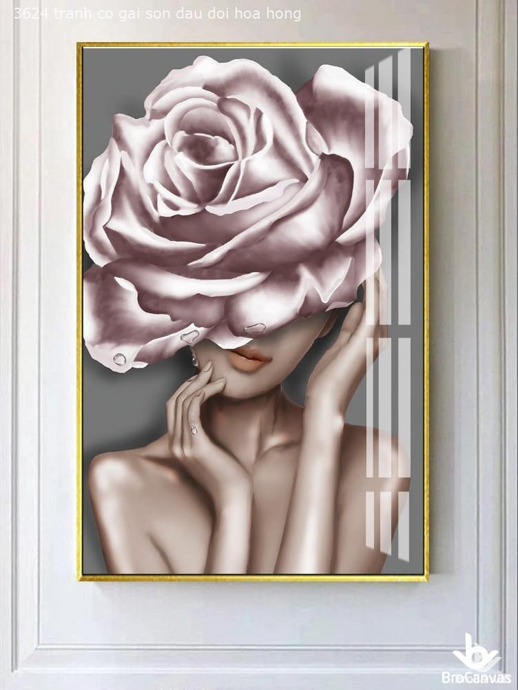 Tranh cô gái sơn dầu đội vòng hoa hồng quyến rũ bro3624