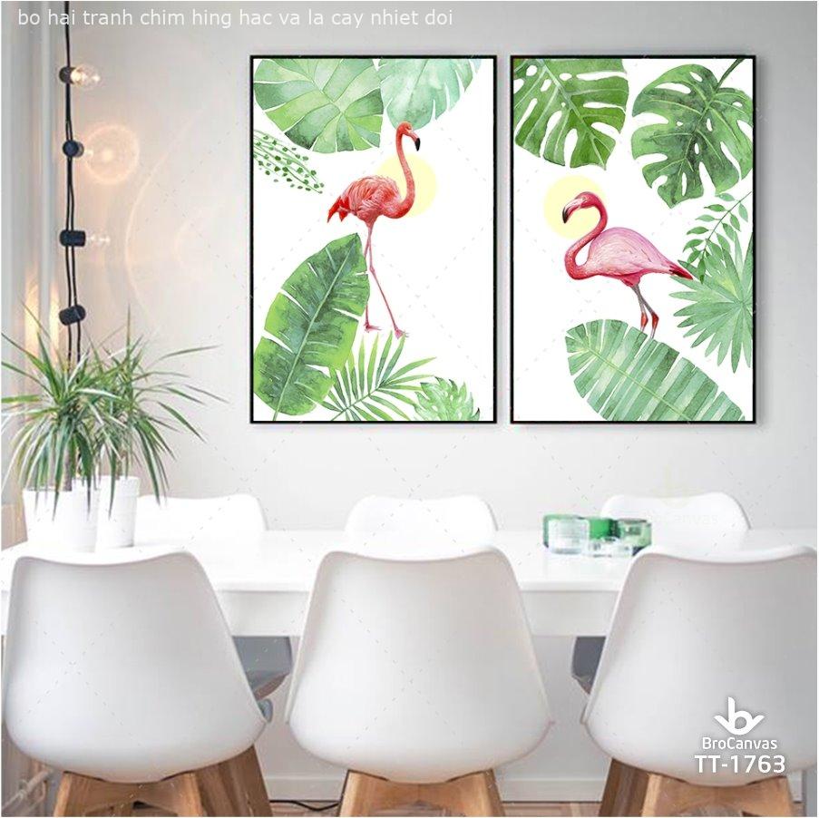 Bộ hai tranh chim hồng hạc và lá cây nhiệt đới tt-1763