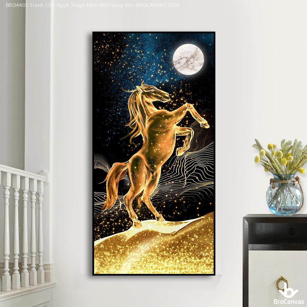 BRO4401 Tranh Chú Ngựa Trong Đêm Nhũ Vàng Kim 3D