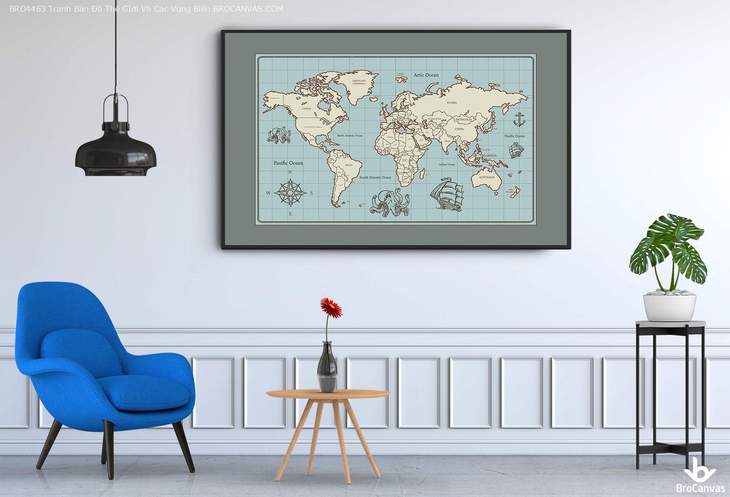 Bro4463 tranh bản đồ thế giới và các vùng biển
