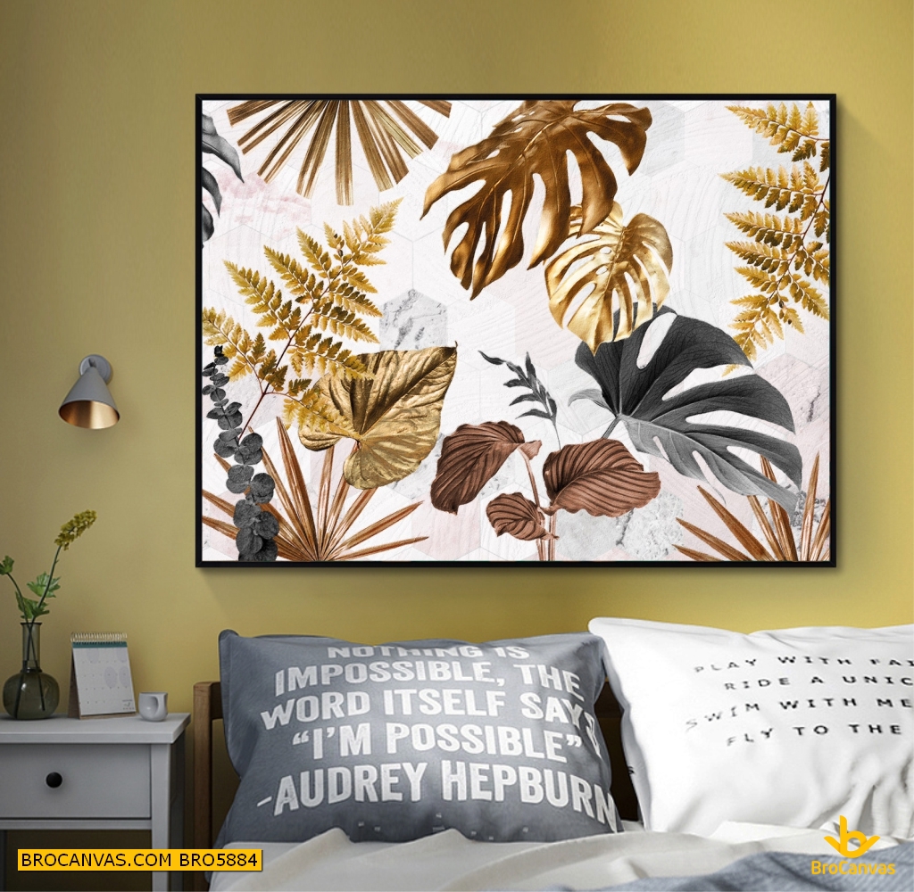 Bro5884 tranh canvas lá cây nhiệt đới nhũ vàng