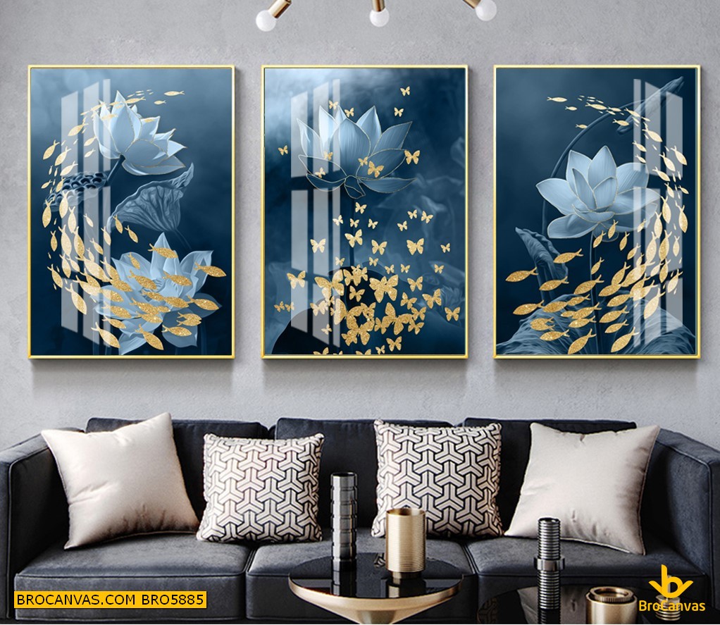 BRO5885 Gemälde von White Lotus auf blauem Hintergrund und Fischschwarm