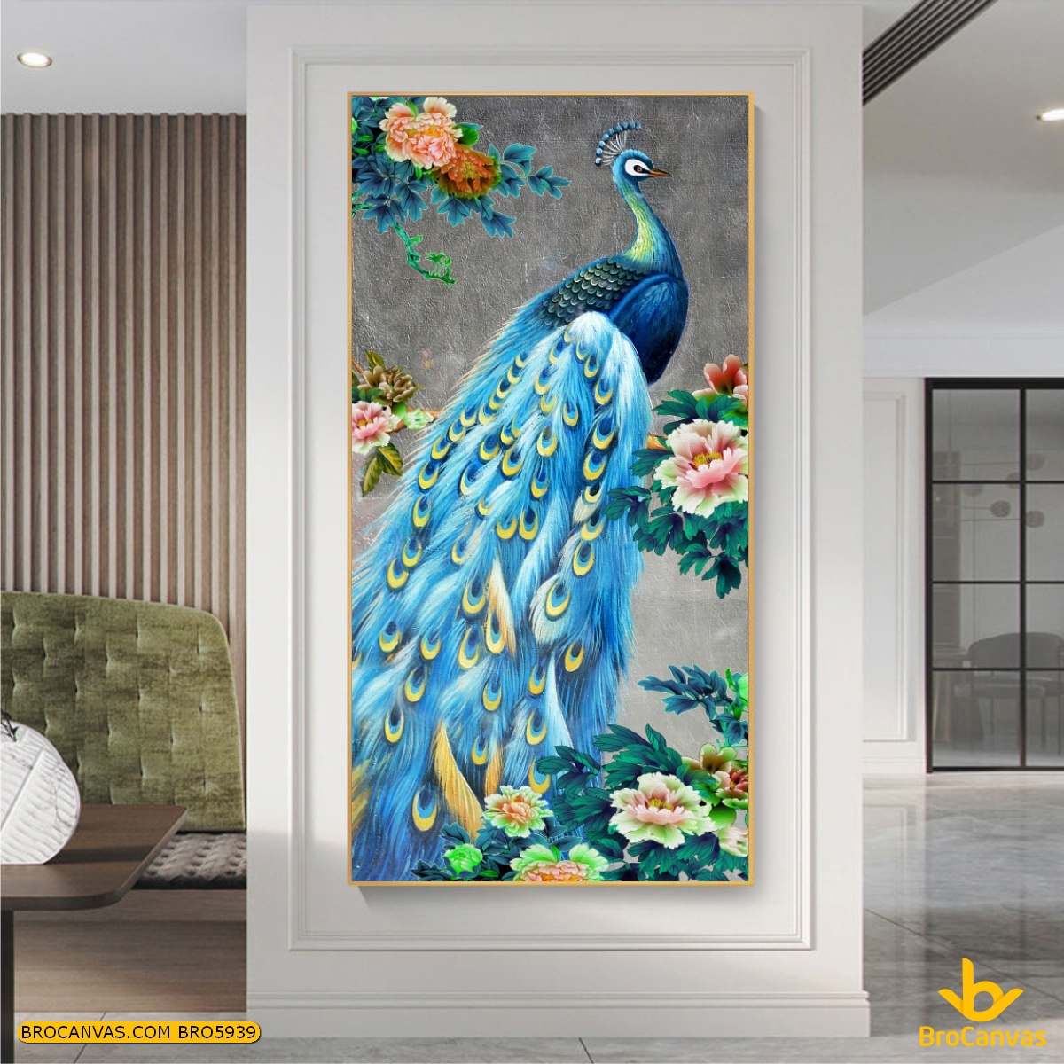 Bro5939 tranh canvas treo tường chim công và hoa mẫu đơn