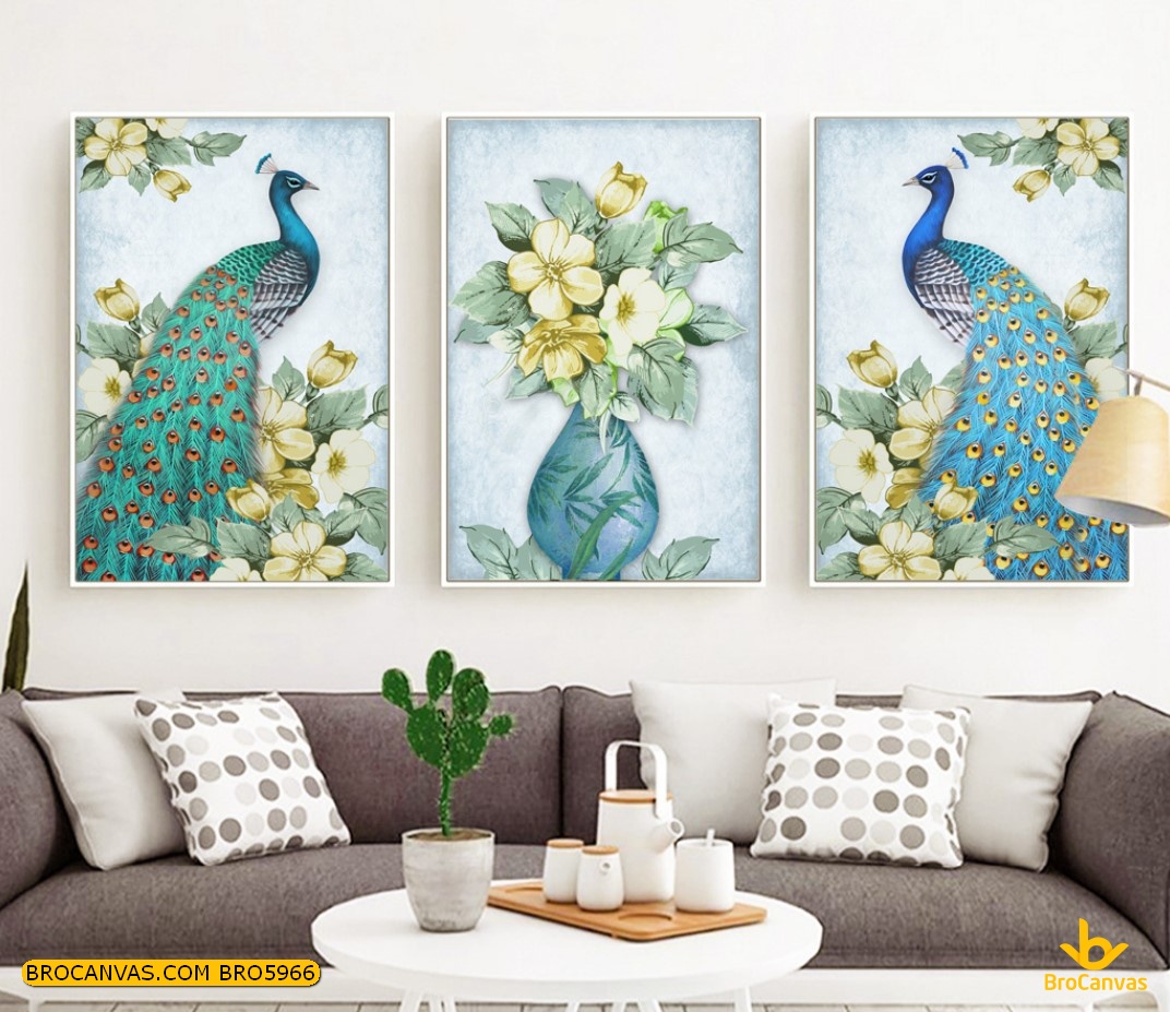 Bro5968 tranh canvas chim công tim và hoa sứ vàng