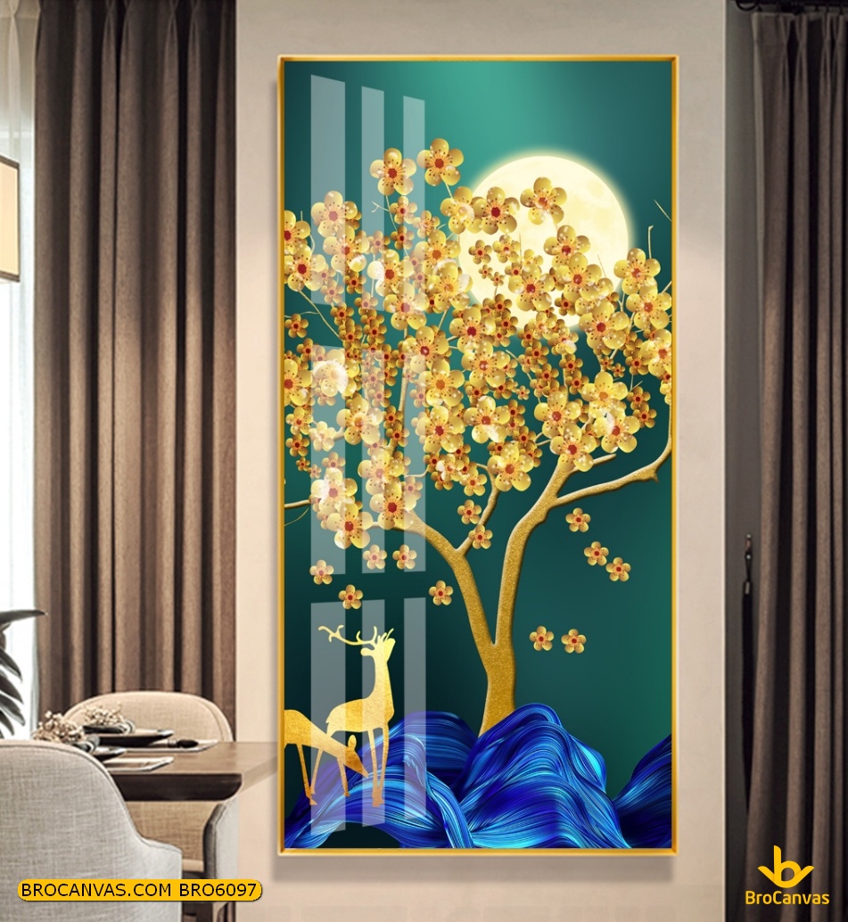 Bro6097 tranh canvas chú hươu dưới gốc cây mai vàng và ánh trăng