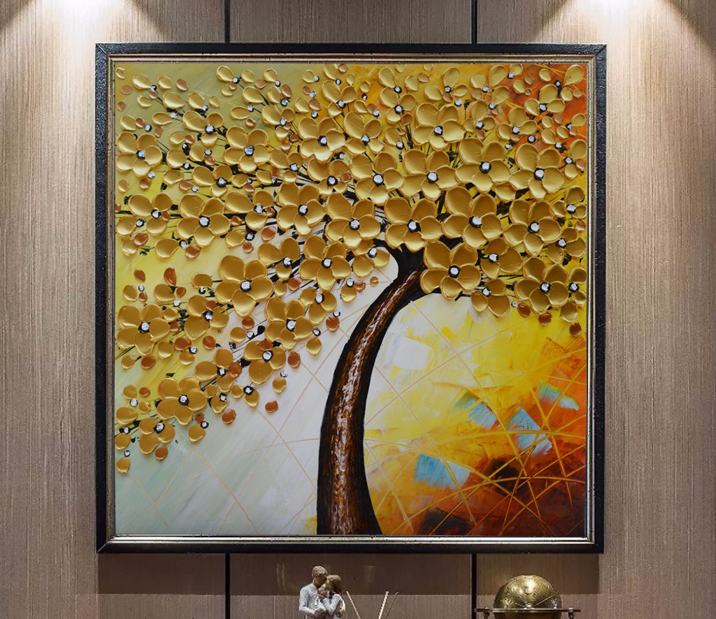 Brop4813 tranh treo tường sơn dầu cây lá vàng nghệ thuật
