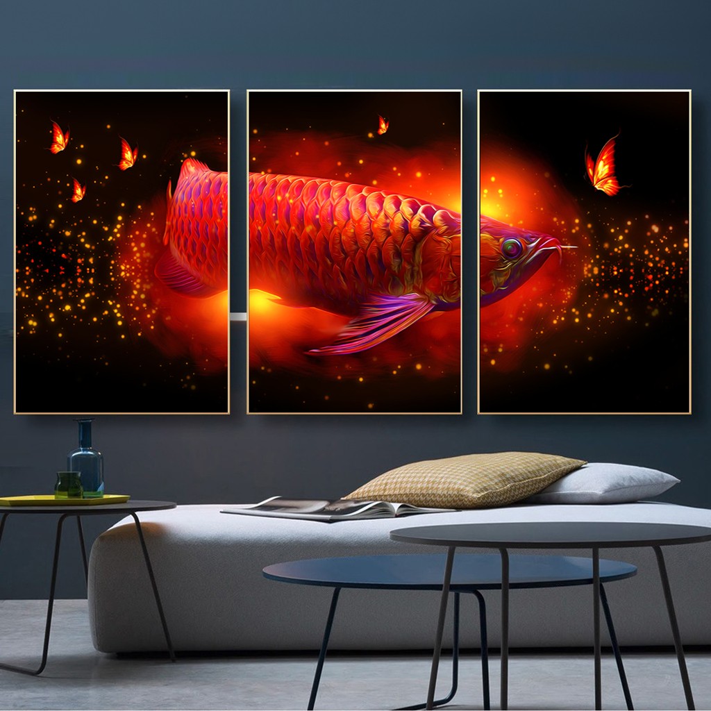 Bộ ba tranh 3d cá rồng đỏ
