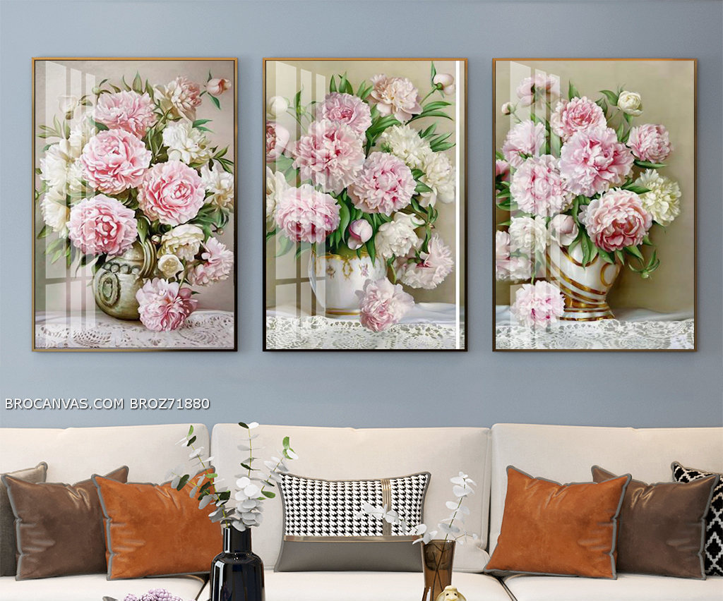 Broz71880 tranh canvas 3 lọ hoa mẫu đơn hồng đẹp nhất