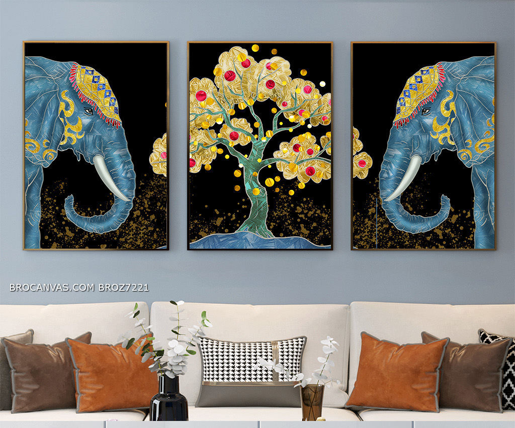 Broz7221 tranh canvas nghệ thuật đôi voi cung phụng cây táo vàng