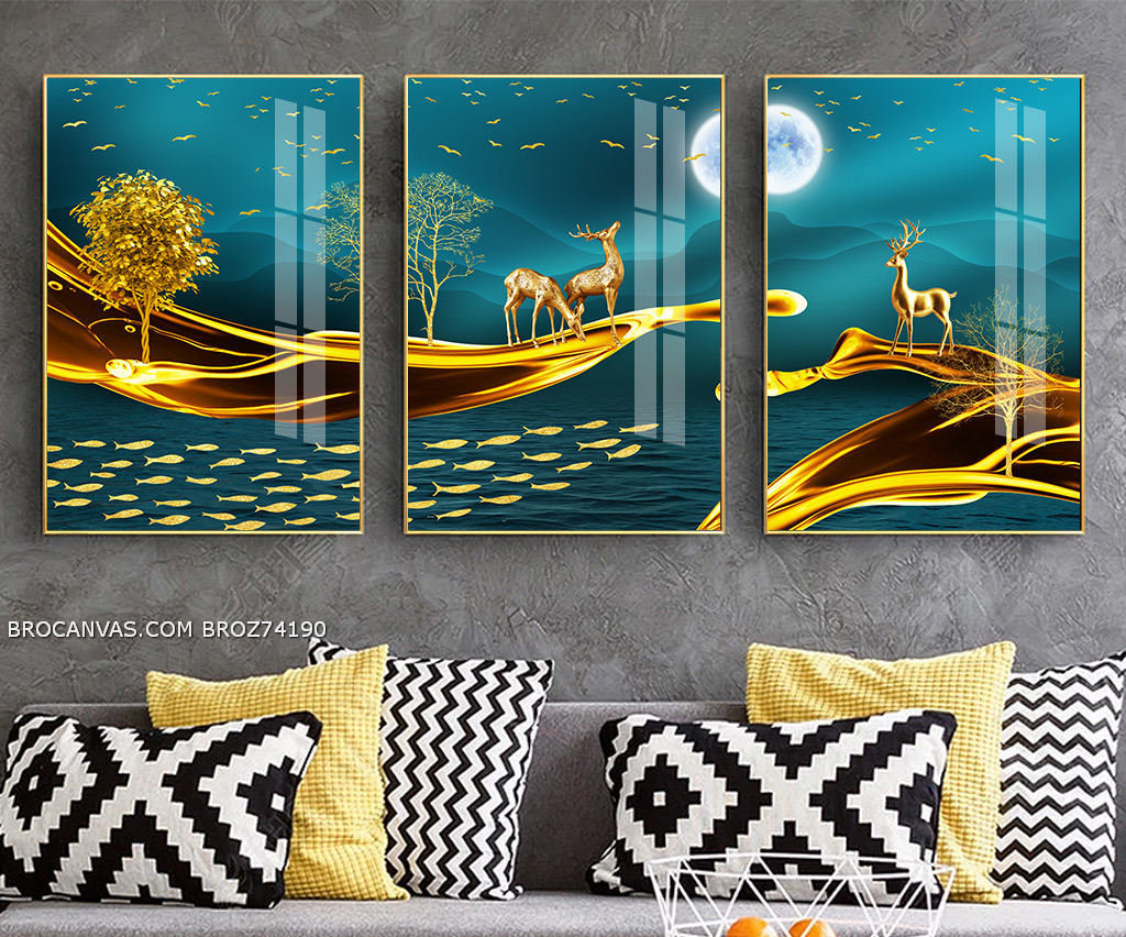 BROZ74190 Tranh Canvas Đàn Hươu Đứng Trên Dãy Lụa Vàng Ngắm Cảnh Bồng Lai