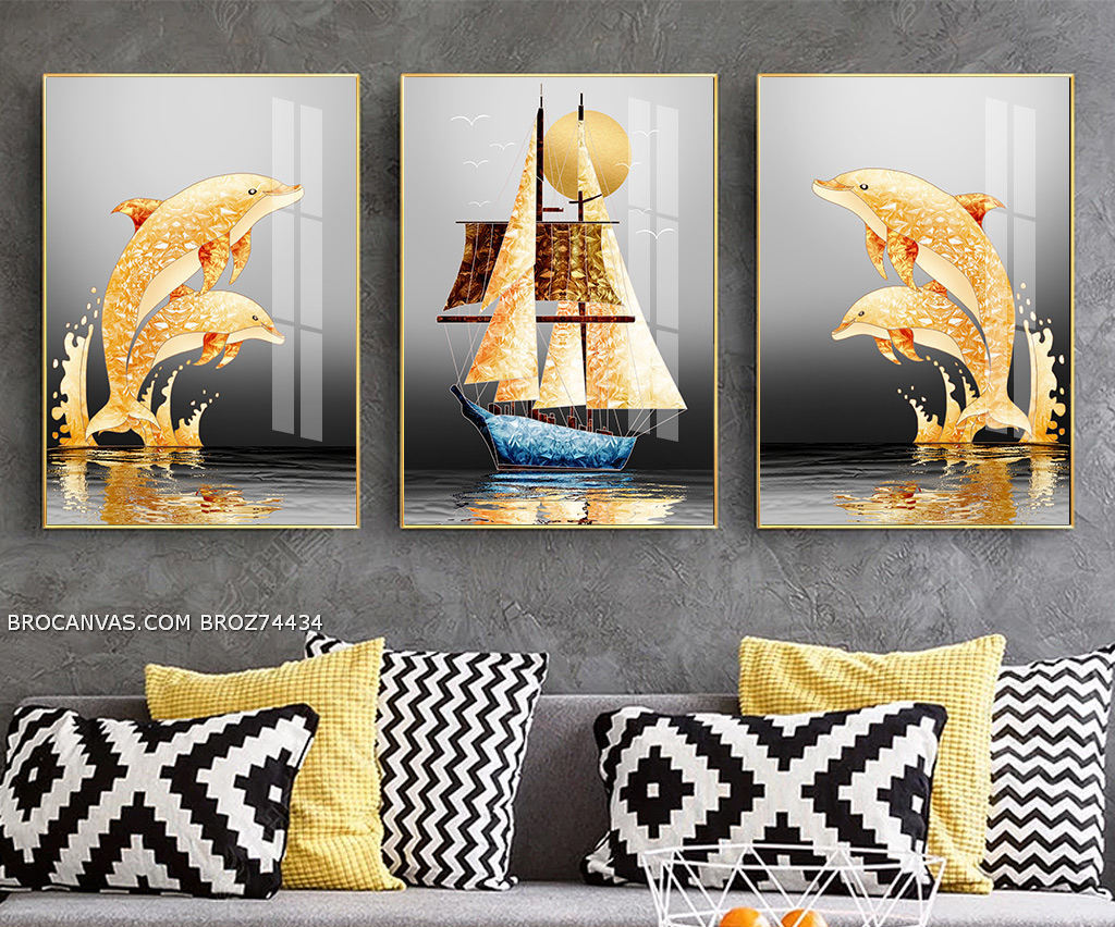 BROZ74434 Tranh Treo Tường Phong Thủy Cá Voi Và Chiếc Thuyền Buồm Vàng Nhũ
