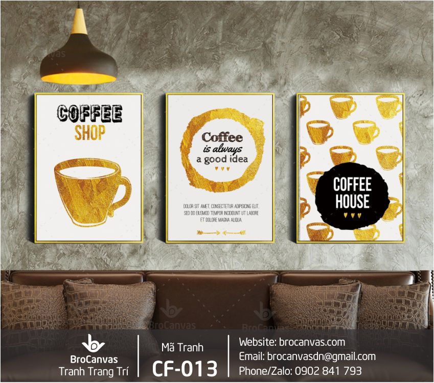 Tranh trang trí cafe: "bộ 3 lý cà phê nâu vàng" cf-013