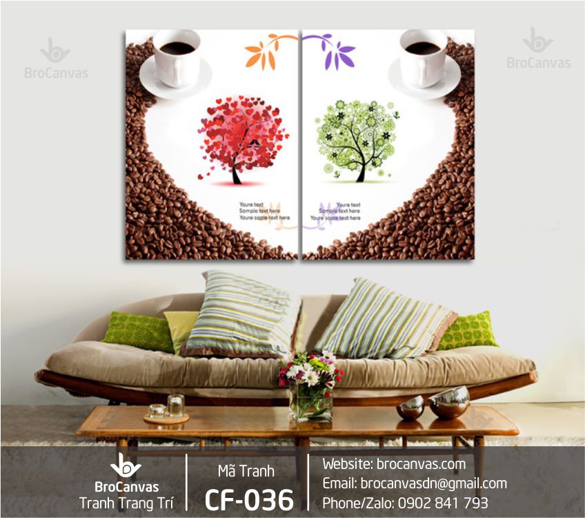 Tranh trang trí cafe: "decor quán cà phê đẹp và 2 cây đỏ xanh" cf-036.
