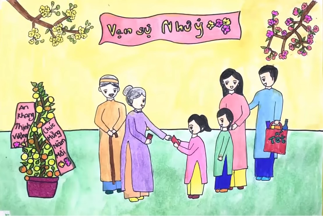 Vẽ tranh đề tài gia đình Chúc Tết ông bà  Vẽ ngày tết và mùa xuân  How  to draw family  YouTube