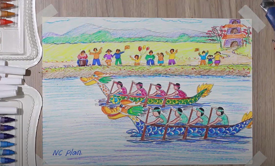 Vẽ tranh về lễ hội đua thuyền