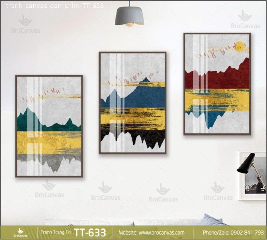 Tranh canvas nhũ vàng: "trừu tượng núi và chim" tt-633