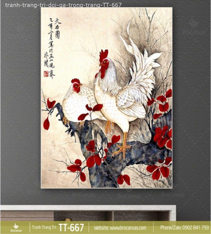 Tranh trang trí phong thủy đôi gà trong tranh vải tt-667