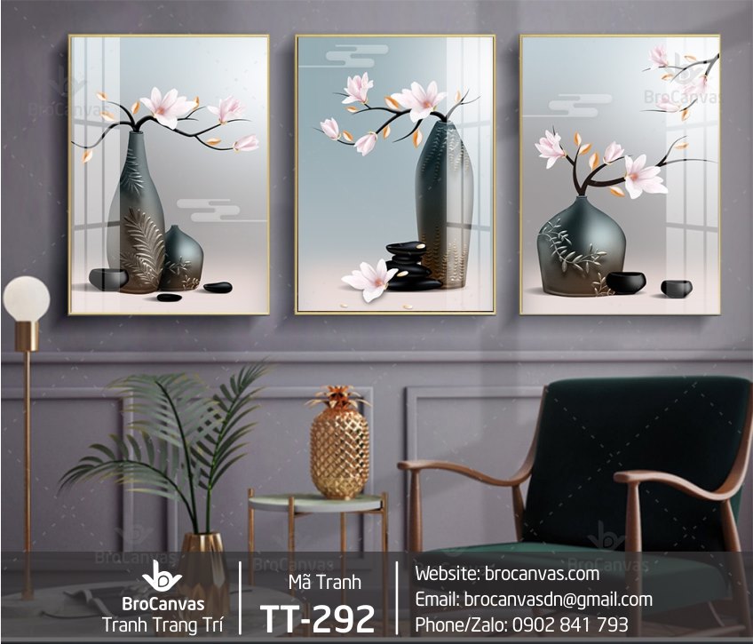TT-292 Tranh Canvas 3D Bộ Bình Hoa Sứ Hồng
