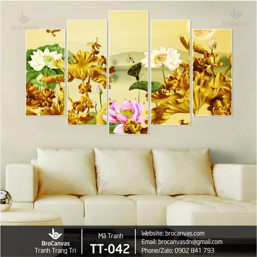 Tranh Trang Trí: “Bộ 5 Hoa Sen Lá Vàng” TT-042