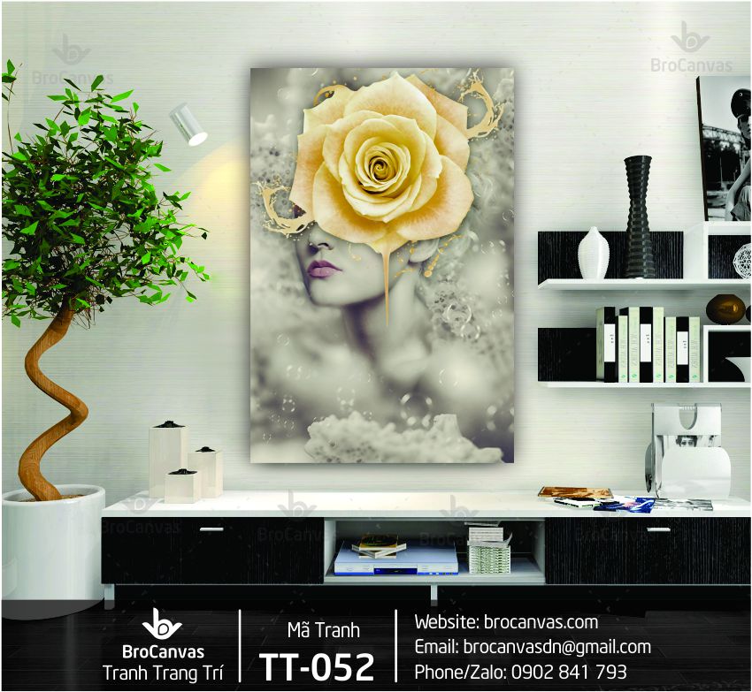 Tranh trang trí cô gái hoa hồng vàng tt-052 | brocanvas. Com