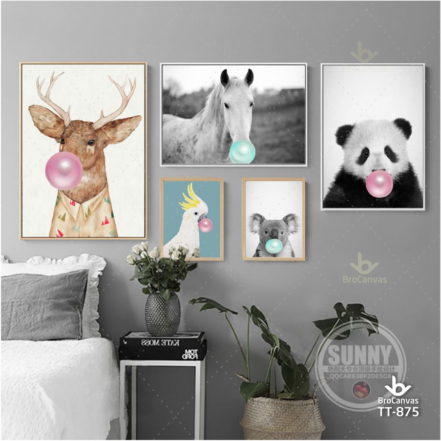 Tranh canvas phòng trẻ em: "bộ 5 loài động vật dễ thương" tt-875